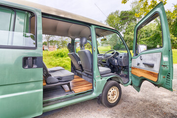 Green micro Van with wood trim
