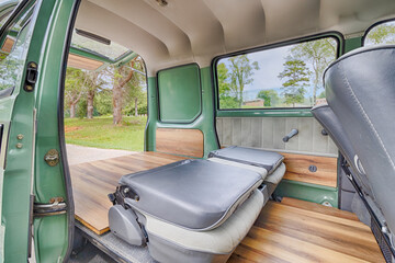 Green micro Van with wood trim