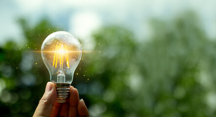 Hand holding a light bulb with light growing for renewable energy. creative ideas for save environment and sustainable. Eco energy concept. For web banner or web design.