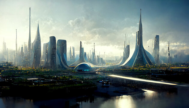 view of the futuristic city on alien planet, digital painting, concept illustration