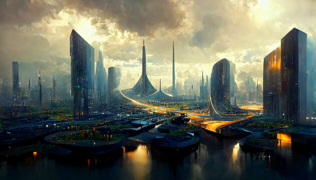 view of the futuristic city on alien planet, digital painting, concept illustration