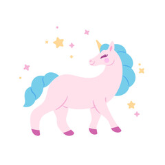 Cartoon fabulous unicorn character.  Stylized vector element for prints, clothing, pattern, packaging and postcards.