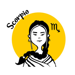 Zodiac signs Scorpio comic face and character of people in style of doodles for avatar in yellow circle
