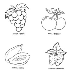 Vector illustration of fruits coloring page with the name of each fruit. Education colouring book for kids