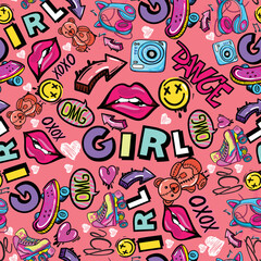 Girls seamless pattern with lips, words and hand drawing elements. Texture background for textile, graphic tees, kids wear. Wallpaper for teenager girls. Fashion style. 