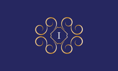 Abstract logo sign with letter I in the center. Gold monogram on a blue background