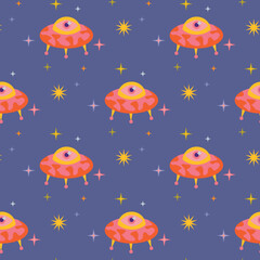 Vector seamless pattern with UFO, modern flat icon isolated on white