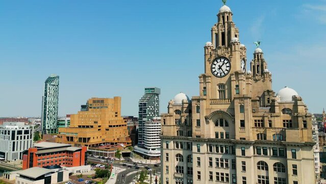 Aerial view over Pier Head and the Royal Liver Building in Liverpool - drone photography