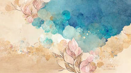 Blue, gold and pink watercolor brush stroke painting with fluid liquid texture for background.