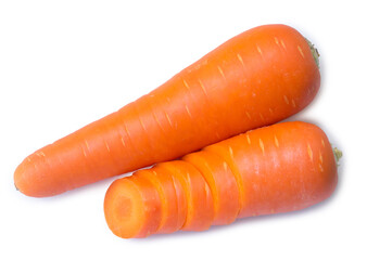 Flat laying of two fresh orange carrots with slices isolated on white background with clipping path