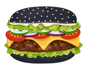Hamburger. Bun, patty, tomato, cheese, salad greens, onions, sauce. Fast Food. Graphics. Cartoon. Vector. Close-up.