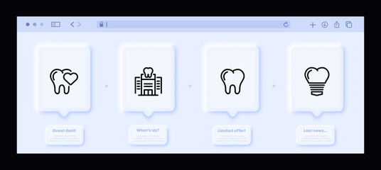 Dentistry set icon. Stomatology, tooth, heart, whiten, molars, veneers, enamel, caries, healthy smile, oral cavity. Healthcare concept. Neomorphism website interface. Vector line icon for Business
