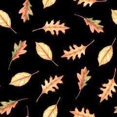 Fototapeta na wymiar Autumn leaf seamless pattern. Watercolor vintage illustration. Isolated on a black background.
