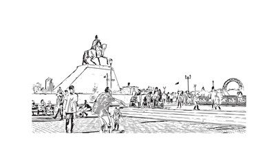 Obraz premium Building view with landmark of Nur Sultan is the capital of Kazakhstan. Hand drawn sketch illustration in vector.