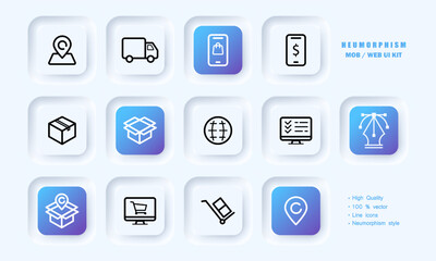 Delivery set icon. Destination, address, phone, online purchase, box, package, planet, electronic invoice, storage room, shipping. Logistics concept. Neomorphism style. Vector line icon for Business