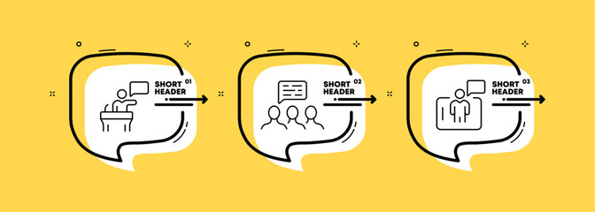 Give a speech set icon. Working communication, tribune, presentation, briefing, teambuilding, discuss, employees. Business concept. Infographic timeline with icons and 3 steps. Vector line icon