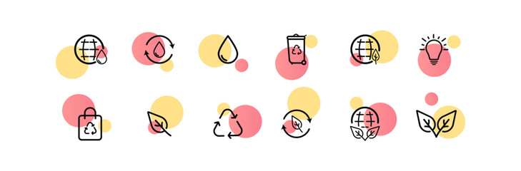 Maintain a clean environment set icon. Water drop,recycle, recycling, trash bin, green energy, light bulb, biodegrable materials, leaves, plant, leaf. Ecology concept. Vector line icon for Business