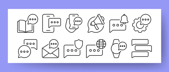 Information sources set icon. Book, phone, megaphone, message, bell, notification, gear, email, security system, smart bracelet, messenger. Communication concept. Vector line icon for Advertising
