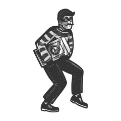 Sneaking thief with safe sketch engraving vector illustration. Scratch board imitation. Black and white hand drawn image. - obrazy, fototapety, plakaty