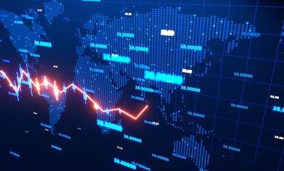 Neon stock market graph with a world map background. Business, economy, financial services and oil, gas industries report concept 3D rendering illustration