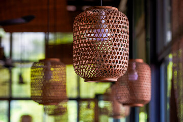 Close-up of traditional bamboo woven pendant lamps