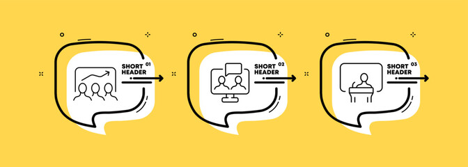 Working communication set icon. Discuss a plan, briefing, data analysis, online conference, give a speech, teambuilding. Business concept. Infographic timeline with icons and 3 steps. Vector line icon