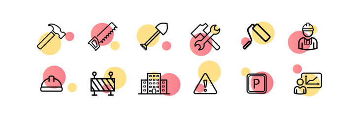 Builders tools set icon. Hammer, saw, shovel, wrench, paint roller, handyman, engineer, safety helmet, fence, building, warning sign, parking, design. Construction site concept. Vector line icon