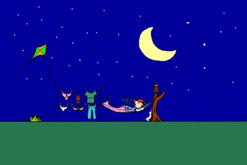Obraz na płótnie Canvas Cartoon,vector,Harry's stories the adventurous sleeps in a hammock in the backyard, the red moon rises and illuminates the landscape with all the animals of the night,