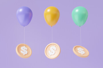 Minimal rate exchange budget, three purple orange green balloon flying with coin dollar economy inflation concept floating on pastel background. fund business financial. 3d render illustration © N ON NE ON
