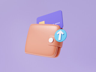 Brown wallet icon concept floating with grow arrow debit ,credit card, finance shopping online payments exchange on isolated purple background, banner, minimal cartoon. 3d render illustration