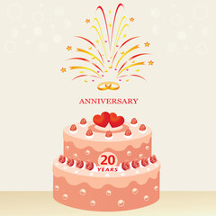 Wedding anniversary 20 years. Cake with hearts and rings, decorated with strawberries and roses on the background of fireworks. Vector illustration