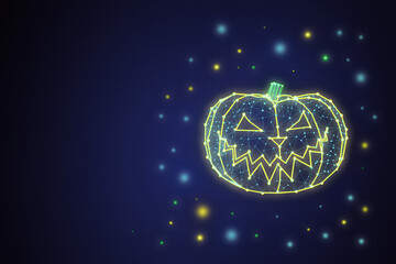 Halloween holiday. 2d neon pumpkin made of polygonal multicolored lines, triangles on a dark blue background. Bright flashes around the smiling pumpkin with copy space