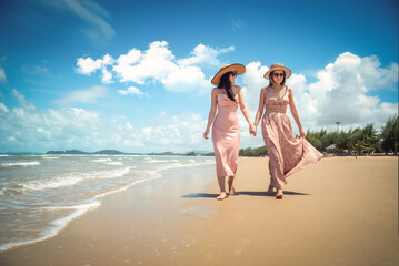 Fototapeta na wymiar Portrait of two Happy traveller woman wearing straw in dress enjoys her during summer tropical beach vacation. Holiday and summer travel concept