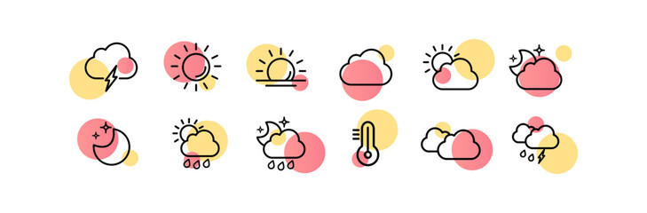 Weather conditions set icon. Thunderstorm, cloud, lightning, sun, sky, night, moon, stars, cloudy, rain, thermometer, thunder, forecast. Nature concept. Vector line icon for Business and Advertising