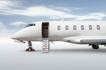 Close-up of the front of the modern white business jet with an opened gangway door isolated on bright background with sky