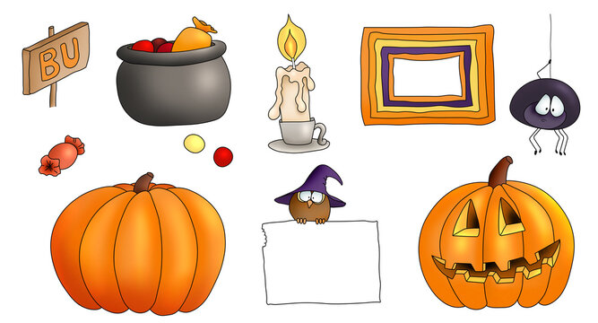 colorful Halloween pattern. Drawn characters. Stroke black line. Set of pictures bat, spider, candle, pumpkin