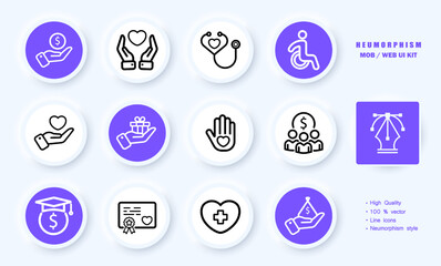 Medical insurance set icon. Hand, dollar, heart, phonendoscope, gift, payments, treatment, bookkeeping, accountant, certificate, money bag, cross. Healthcare concept. Neomorphism. Vector line icon