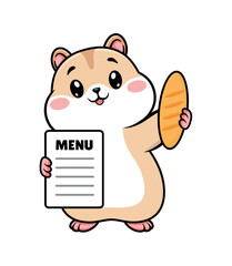 cute plump hamster holds bread and a menu sheet in his hands. cafe logo. animals. bear. cartoon
