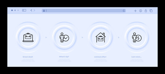 Work from home set icon. Laptop, briefcase, man, employee, checkmark, house, remote, distance, dollar, earn money, salary, online. Business concept. Neomorphism website interface. Vector line icon