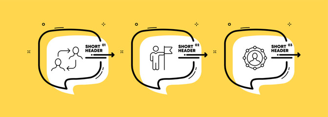 Workflow set icon. Working communication, information exchange, data transfer, achievement, flag, top, first place. Business concept. Infographic timeline with icons and 3 steps. Vector line icon