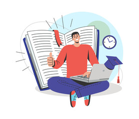 The student sits with a laptop on the background of an open book. Online education concept.Vector flat illustration isolated on white background.
