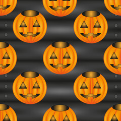 Halloween pumpkin background on black rustic wooden board. Seamless vector illustration with jack lantern on style wooden black background. Halloween concept.