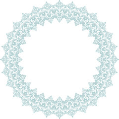 Oriental round frame with arabesques and floral elements. Round light blue floral border with vintage pattern. Greeting card with place for text