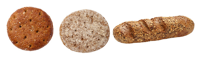 Assortment of cereal baked goods isolated on white background, healthy food