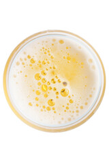beer bubbles in Glass of light beer top view isolated on white, macro
