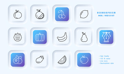 Fruits and vegetables set icon. Eggplant, banana, raspberry, apple, pumpkin, peach, orange, cherry, lemon, watermelon, blueberry Healthy food concept. Neomorphism style. Vector line icon for Business