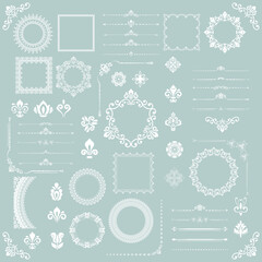 Vintage set of horizontal, square and round elements. White elements for backgrounds, frames and monograms. Classic patterns. Set of vintage patterns