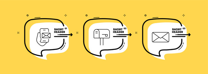 Mail set icon. Paper letter, mailbox, email, phone, envelope, message, send, business contacts. Communication concept. Infographic timeline with icons and 3 steps. Vector line icon for Advertising