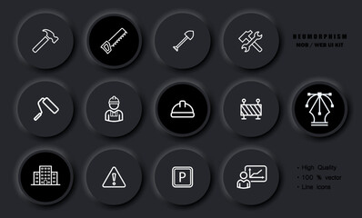 Working tools set icon. Hammer, saw, shovel, wrench, paint roller, builder, engineer, safety helmet, fencing, building, parking, statistics. Construction concept. Neomorphism style. Vector line icon