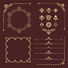 Vintage set of horizontal, square and round elements. Golden elements for backgrounds, frames and monograms. Classic patterns. Set of vintage patterns